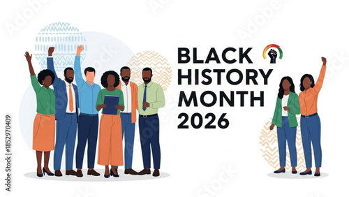 Diverse group of black people celebrating black history month 2026 with raised fists and a backdrop