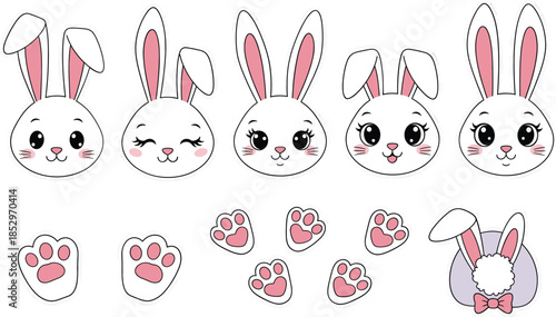 Cute bunny rabbit faces and paws vector illustration set with kawaii cartoon animal expressions