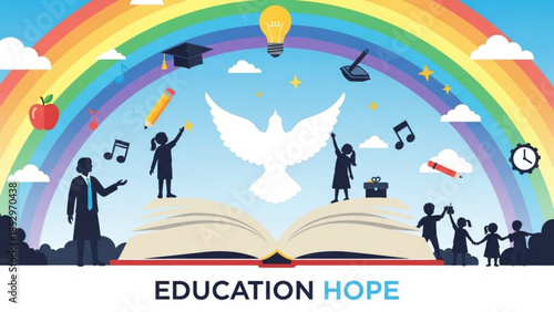 Education and hope concept open book with children silhouettes reaching for knowledge under a rainbow and dove symbolizing learning and future