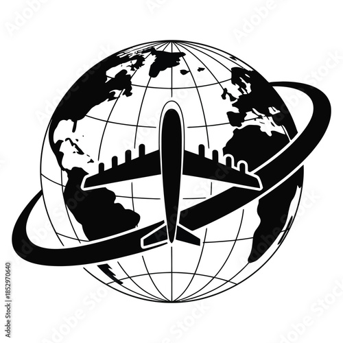 Airplane Flying Around Earth Globe Silhouette International Travel Global Tourism Tour Isolated on Transparent Background Transport Style 180c