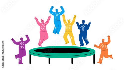 Diverse group of people joyfully jumping on a trampoline together.