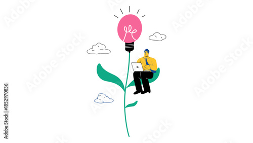 A person sits on a plant stem with a laptop, under a lightbulb representing an idea.