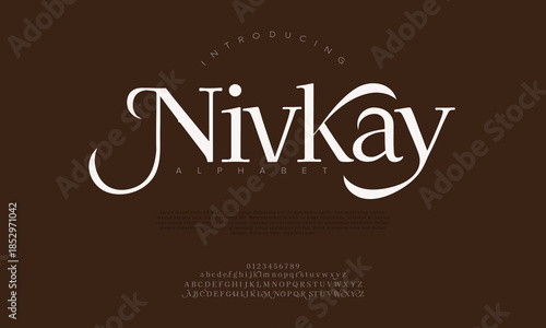 Nivkay, luxury elegant alphabet letters and numbers. Vintage wedding typography classic serif font decorative vintage retro. creative vector illustration
