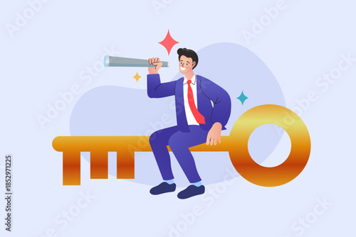 Business vision and key opportunity concept. Businessman sitting on giant golden key holding spyglass telescope to look for future success. Vector illustration for leadership strategy and solution.