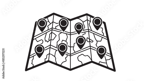 Vector silhouette icon of a folded paper map with multiple location pins, symbolizing travel planning, route navigation, and geographic points of interest