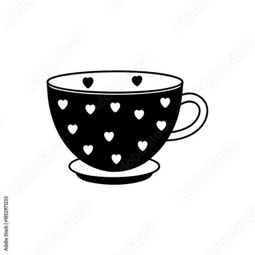 Black teacup with white hearts pattern art on transparent background silhouette