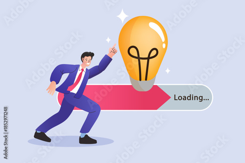 Creative business idea loading concept. Businessman pointing at glowing lightbulb over red progress bar. Vector illustration for startup launch, innovation development and future vision.