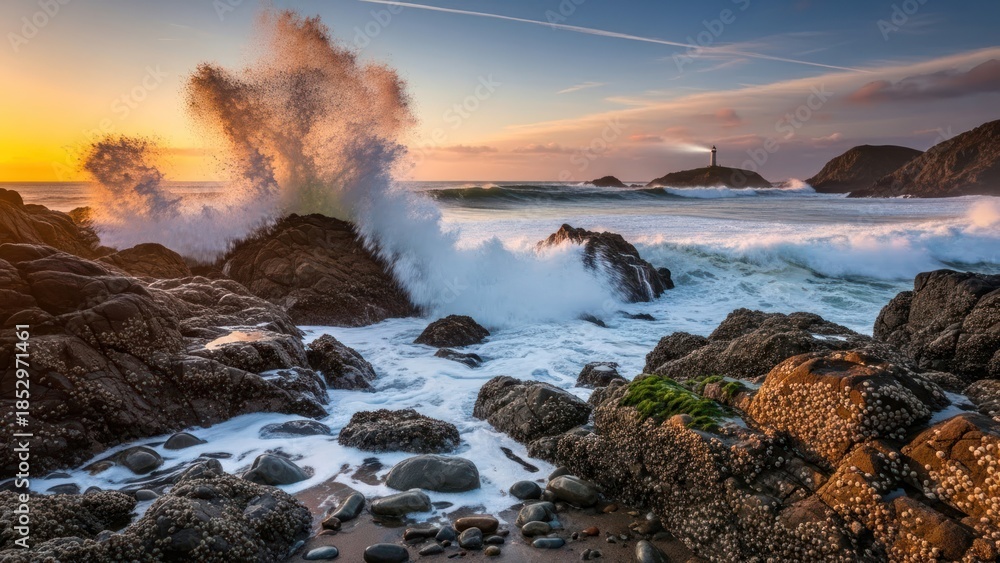 Fototapeta premium Dramatic Ocean Waves Crashing on Rocky Shoreline at Sunset with Distant Lighthouse.