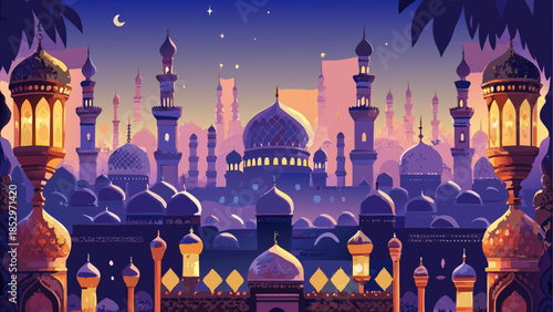 Beautiful mosque with domes and minarets at night