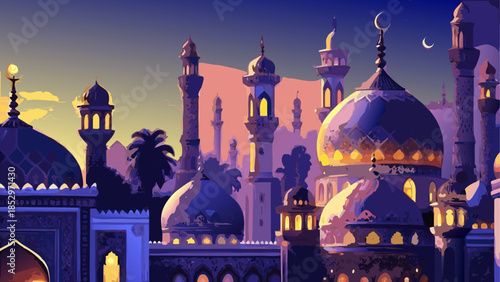 Beautiful mosque with domes and minarets at sunset