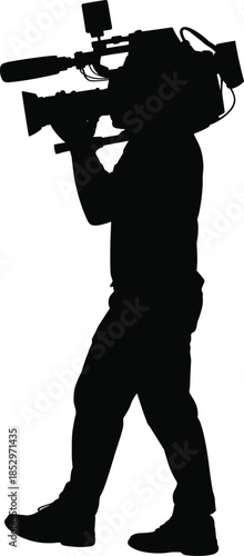 Professional cameraman silhouette carrying broadcast video camera black vector illustration isolated on white background media production journalism filmmaking concept