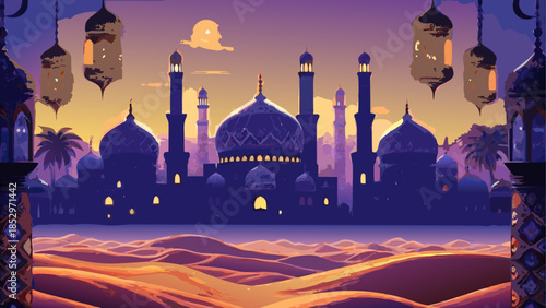 Serene mosque silhouette at sunset in desert landscape