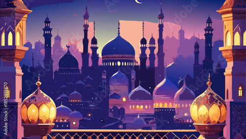 Beautiful islamic cityscape with mosques and minarets at dusk