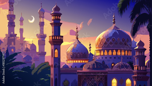 Beautiful mosque with minarets and domes at sunset