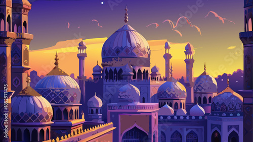 Beautiful mosque architecture at sunset with domes and minarets