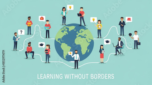 Diverse group of people connected around the globe representing global education and online learning flat vector illustration for concept design
