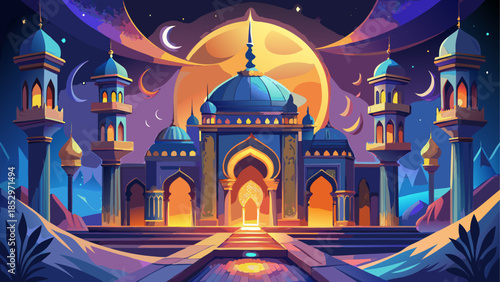 Majestic mosque under night sky with full moon and crescent