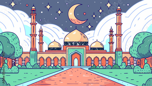 Beautiful mosque under starry night sky with crescent moon