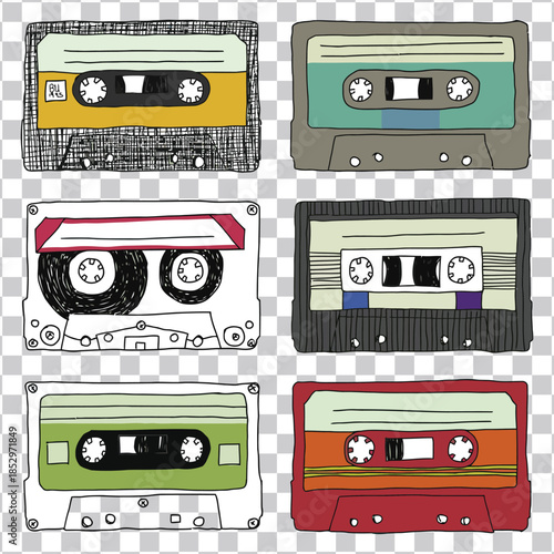 Nostalgic Hand-Drawn Cassette Tapes - A Playful Collection of Retro Audio Media Illustrations for Creative Design and Vintage Vibes