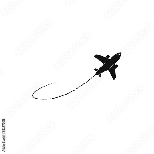 Airplane flying with dotted line behind it on transparent background silhouette