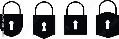 Four different black padlock icons with keyholes, symbolizing security and protection in various designs