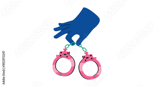 A blue gloved hand holds pink handcuffs against a white background.