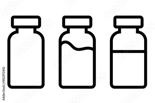 Collection of line style bottle vector illustrations on white background. Drink bottle icon, medicine bottle.