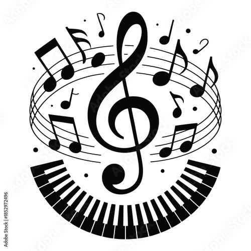 Music Notes with Treble Clef and Piano Keys Vector Illustration Melody Symphony Harmony Musical Notation Composition Entertainment Creative