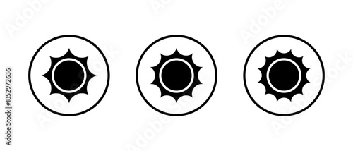 Sun icon set in circular outline. Bright weather daylight symbol. Sunshine sign