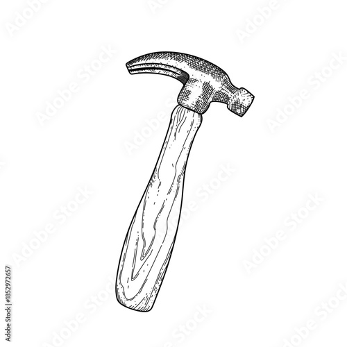 hand drawn hammer with a wooden handle line art vector illustration