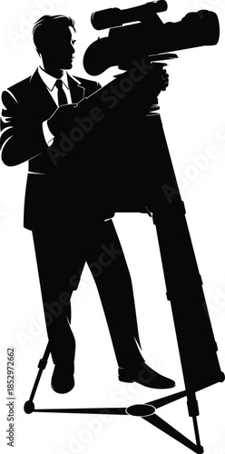 Professional cameraman silhouette operating video camera on tripod black vector illustration isolated on white background broadcast media production concept