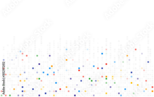 Minimal pixel confetti background with small colorful square dots fading upward on clean white space, suitable for modern design