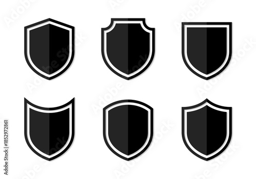 Black shield icon set. Security and protection symbol. Defense and safety concept