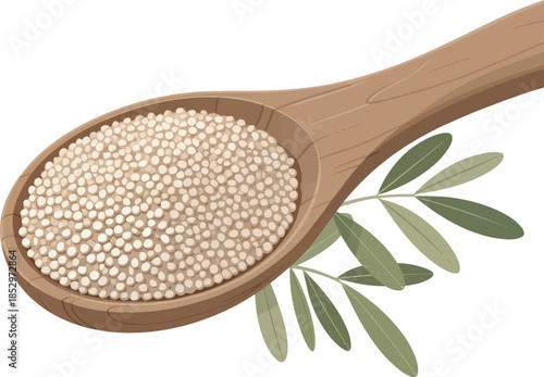 Illustration of dried tragacanth gum with green leaves on wooden spoon, isolated on white, herbal medicine, natural ingredient, botanical plant, and organic health concept.