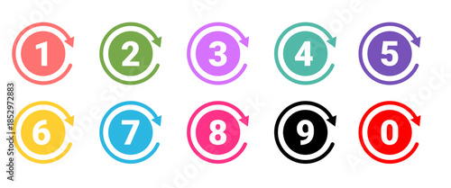 Number points from 0 to 9. Number points. Number markers, steps. Set of colorful number vectors on white background.