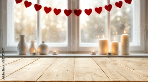 Wooden tabletop surface foreground with soft light background featuring lit white candles white vases and red felt hearts hanging across a white window frame festive decoration