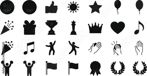Collection of Black Vector Success, Celebration, and Achievement Icons Set
