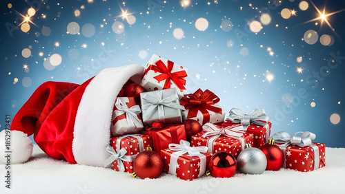 Santa's overflowing red velvet hat spilling numerous holiday gifts onto snowy ground with bokeh