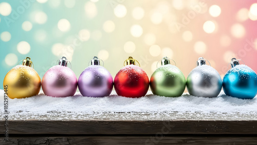 Row of colorful shiny Christmas ornaments resting on white snow against a soft bokeh background