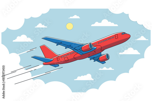 Red and blue airplane flying through light blue sky with white clouds and sun