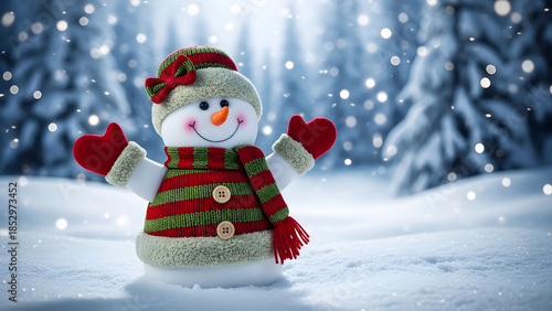 Adorable smiling snowman dressed warmly in a festive winter scene with falling snow