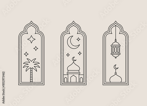 Elegant Islamic Window Art with Celestial Symbols and Mosque Silhouette
