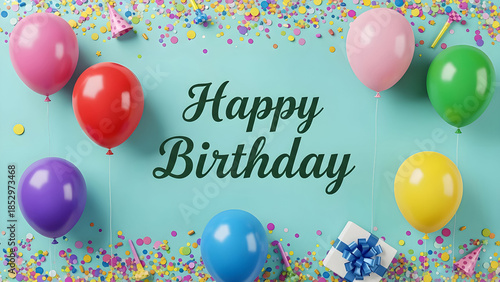 Festive happy birthday greeting card design with colorful balloons confetti and a gift box