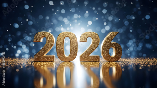 Golden 3d rendering of the year 2026 glowing brightly above a reflective surface with sparkling particles
