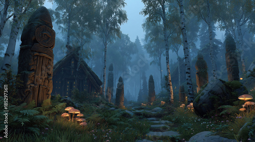 Ancient Slavic temple in a serene forest, surrounded by mystical stones and glowing mushrooms at twilight