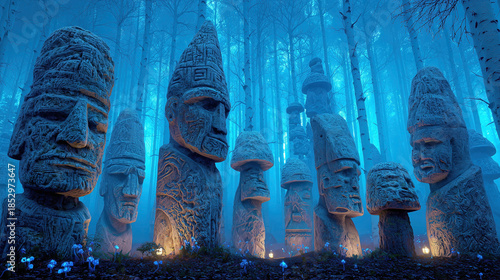 Mystical gathering of ancient Slavic pagan statues in an enchanted forest under blue twilight