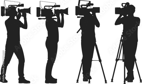 Professional cameraman silhouettes filming video with broadcast cameras on tripods black vector illustration isolated on white background media production studio
