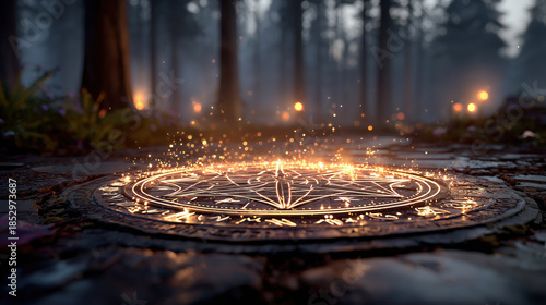 An enchanting Slavic pagan ritual site is nestled within a mystical forest, enveloped in a blanket of mist and illuminated by glowing symbols as dusk falls