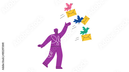 A person reaches up as birds deliver envelopes to them.