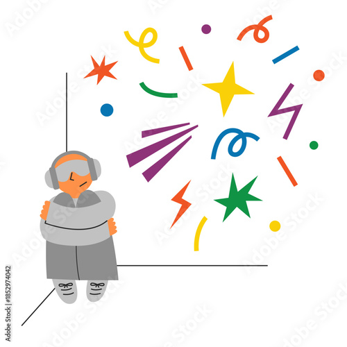 Person with headphones and sleep mask  for sensory overload management. Self regulation, coping and relaxation. Neurodiversity spectrum concept. Mental health in overstimulating environment. Vector.